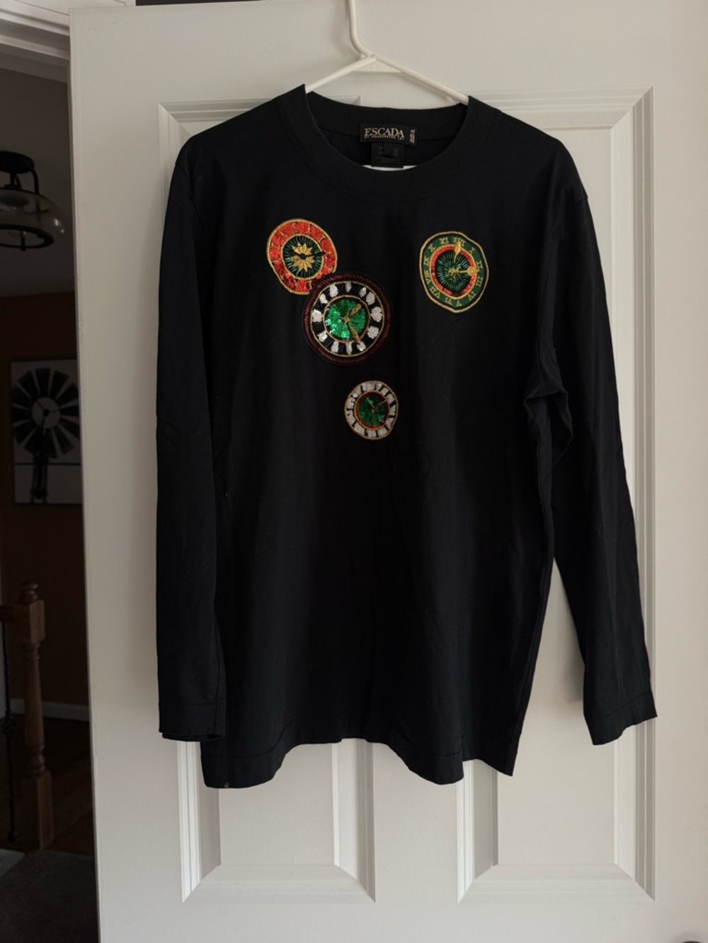 Escada Black Long Sleeve Tee with Green, Red and Gold Embroidered Medallions